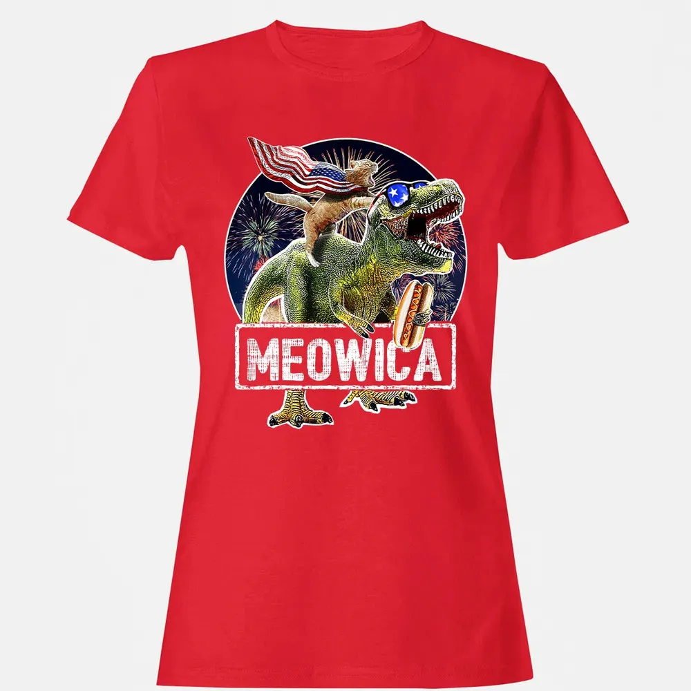 Meowica American Flag Cat T Rex Dinosaur 4th of July Kids Women's T-shirt - 13