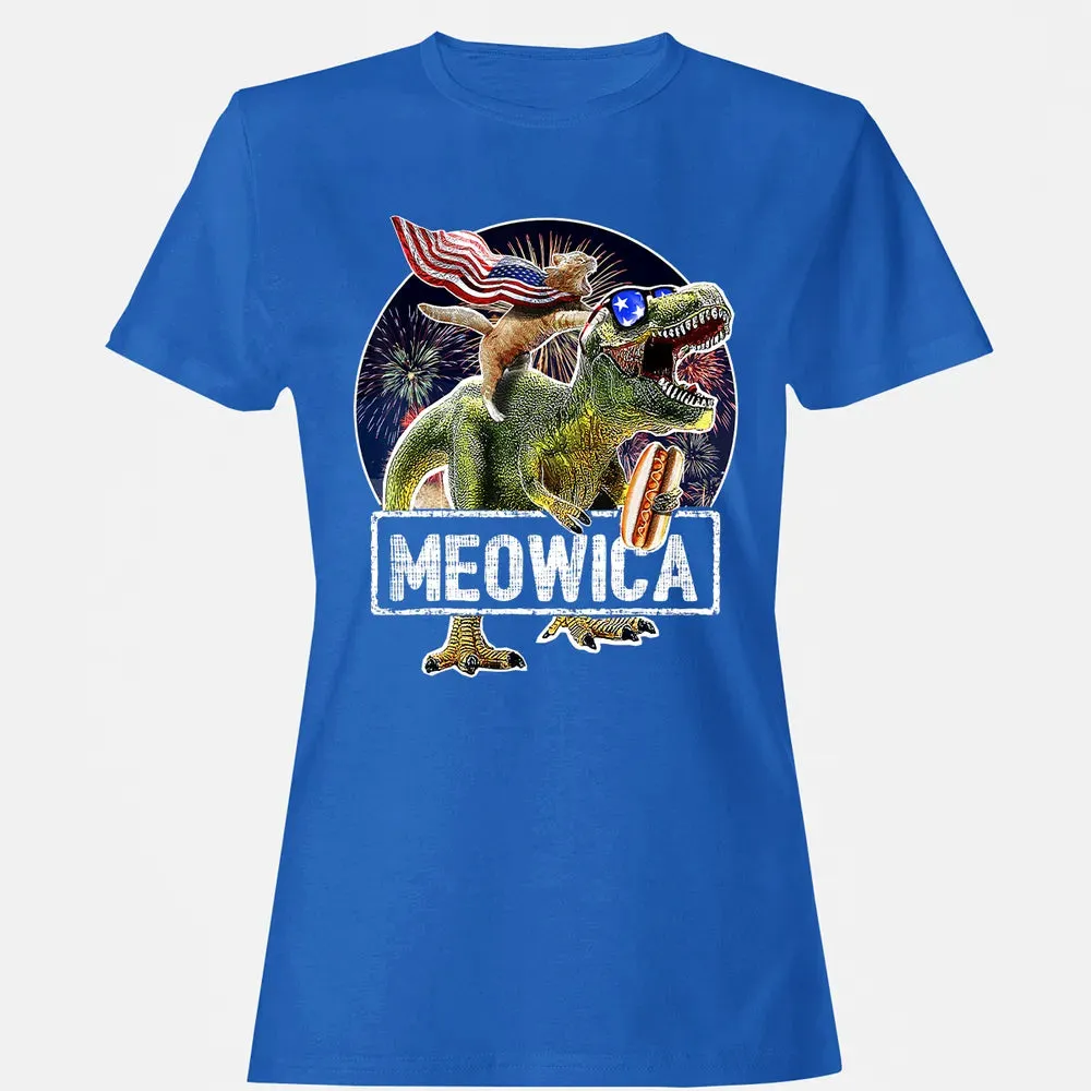 Meowica American Flag Cat T Rex Dinosaur 4th of July Kids Women's T-shirt - 14