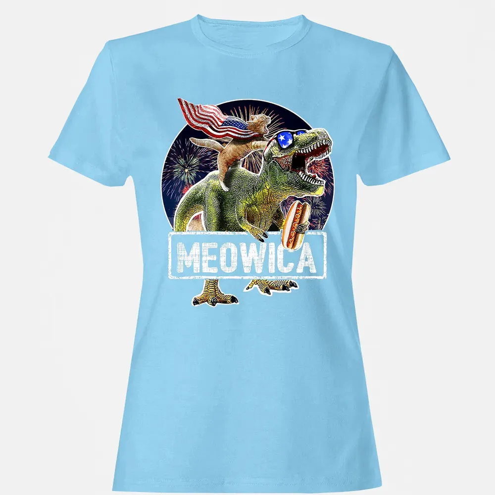 Meowica American Flag Cat T Rex Dinosaur 4th of July Kids Women's T-shirt - 8