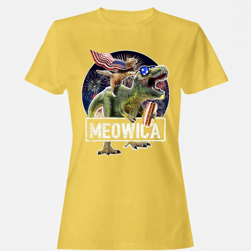 Meowica American Flag Cat T Rex Dinosaur 4th of July Kids Women's T-shirt - 4