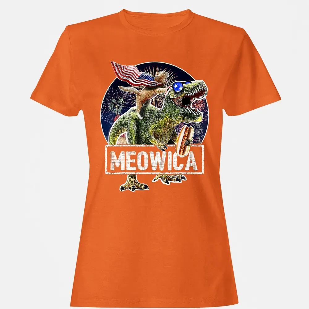 Meowica American Flag Cat T Rex Dinosaur 4th of July Kids Women's T-shirt - 11