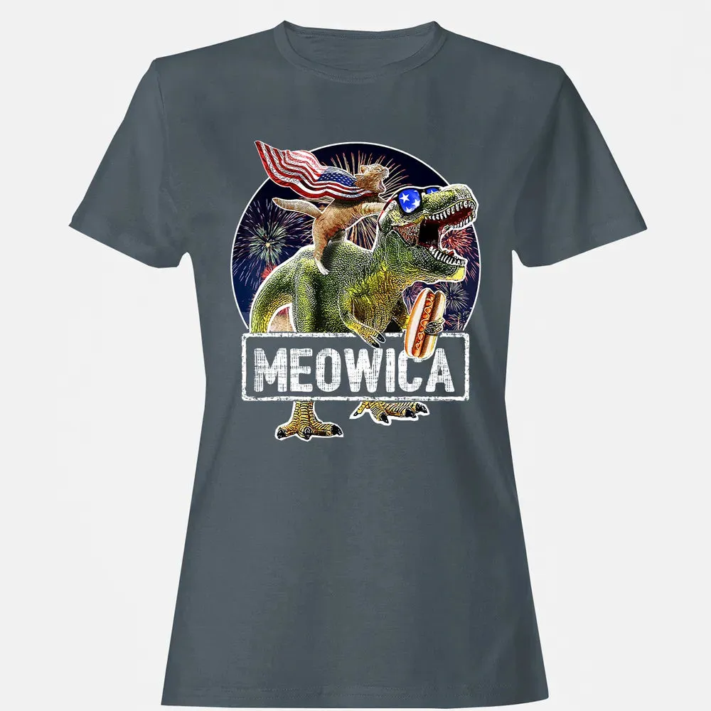 Meowica American Flag Cat T Rex Dinosaur 4th of July Kids Women's T-shirt - 3