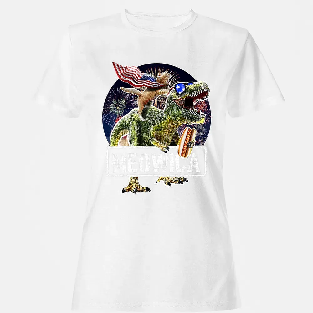 Meowica American Flag Cat T Rex Dinosaur 4th of July Kids Women's T-shirt - 16