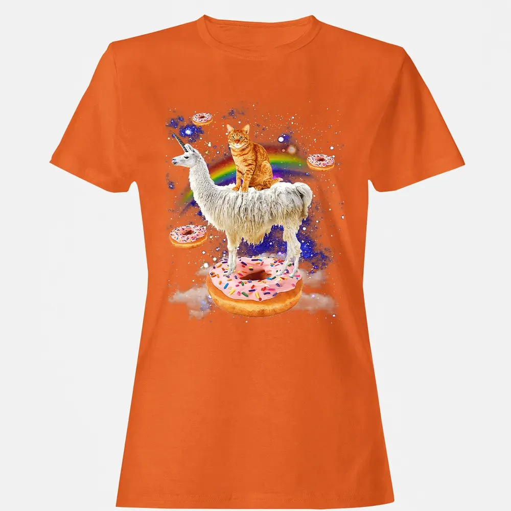 Space Cat Riding Llama and Donuts Galaxy Funny Cat Women's T-shirt - 11