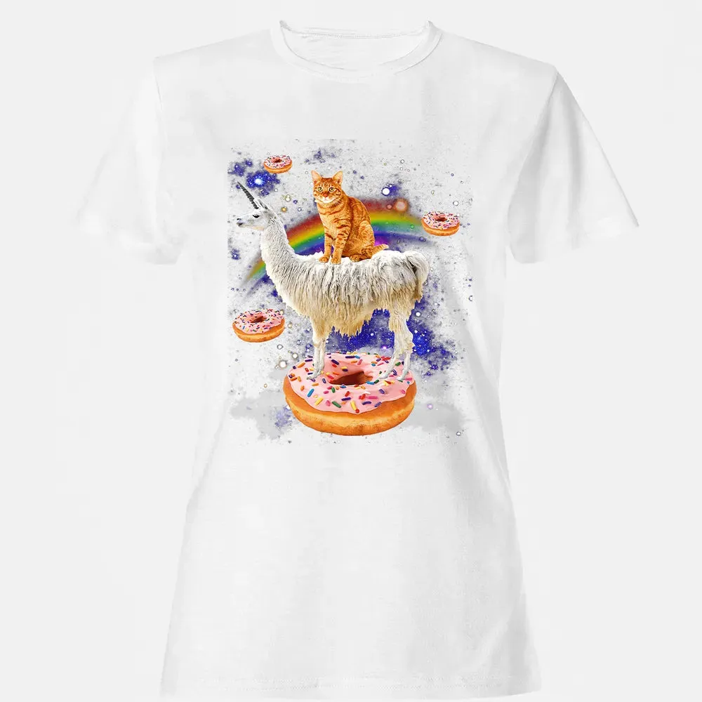 Space Cat Riding Llama and Donuts Galaxy Funny Cat Women's T-shirt - 16