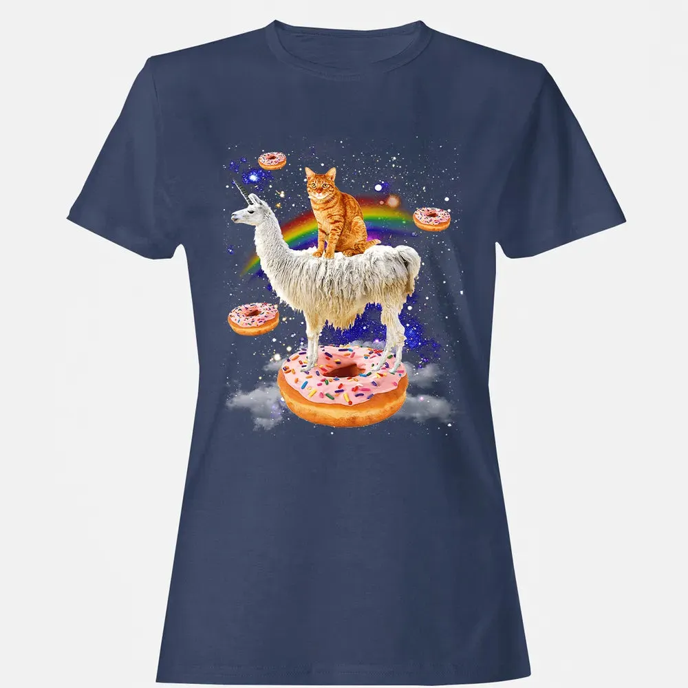 Space Cat Riding Llama and Donuts Galaxy Funny Cat Women's T-shirt - 10