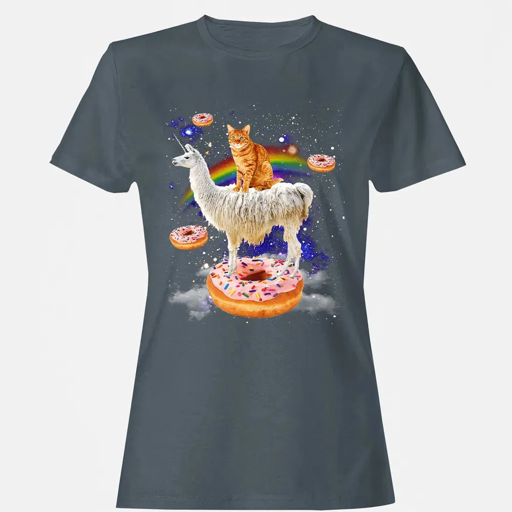 Space Cat Riding Llama and Donuts Galaxy Funny Cat Women's T-shirt - 3