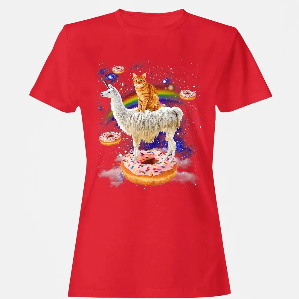 Space Cat Riding Llama and Donuts Galaxy Funny Cat Women's T-shirt - 13