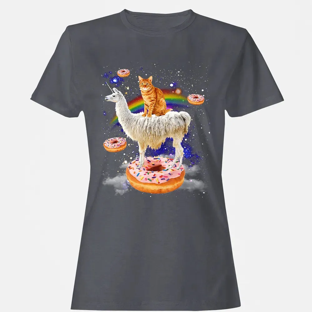 Space Cat Riding Llama and Donuts Galaxy Funny Cat Women's T-shirt - 5