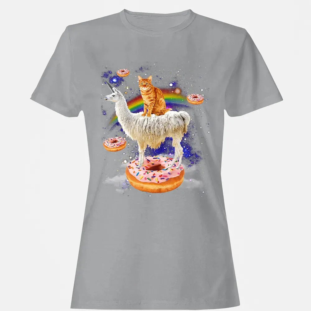 Space Cat Riding Llama and Donuts Galaxy Funny Cat Women's T-shirt - 15