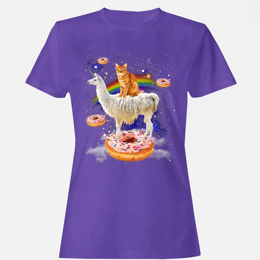 Space Cat Riding Llama and Donuts Galaxy Funny Cat Women's T-shirt - 12
