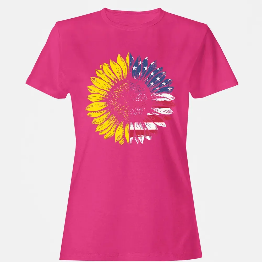 Sunflower American Flag Patriotic 4th Of July T Women's T-shirt - 6