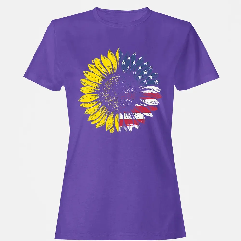 Sunflower American Flag Patriotic 4th Of July T Women's T-shirt - 12
