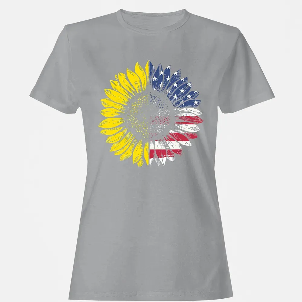 Sunflower American Flag Patriotic 4th Of July T Women's T-shirt - 15