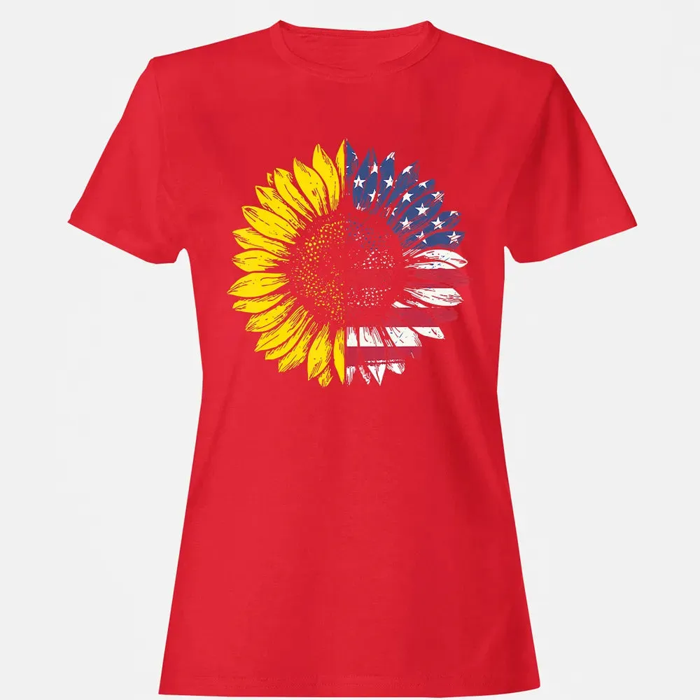 Sunflower American Flag Patriotic 4th Of July T Women's T-shirt - 13