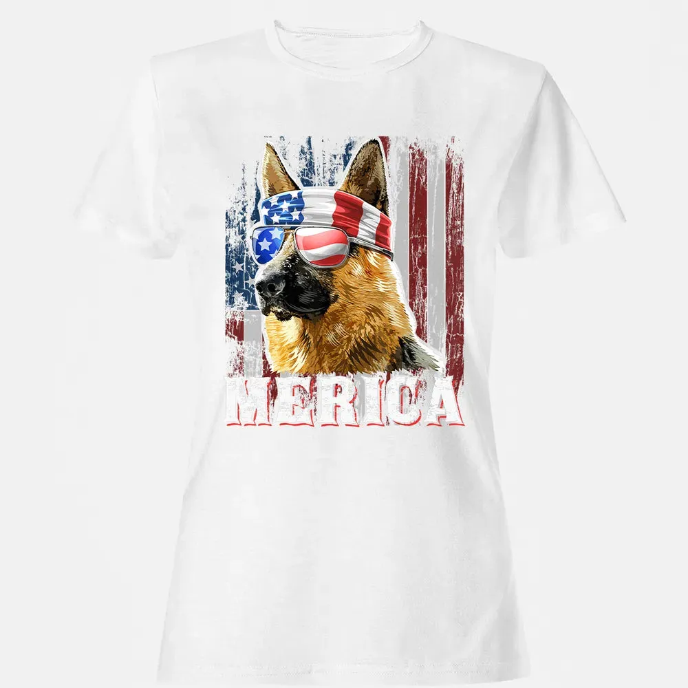 Merica German Shepherd Dog 4th of July American Flag Women's T-shirt - 16