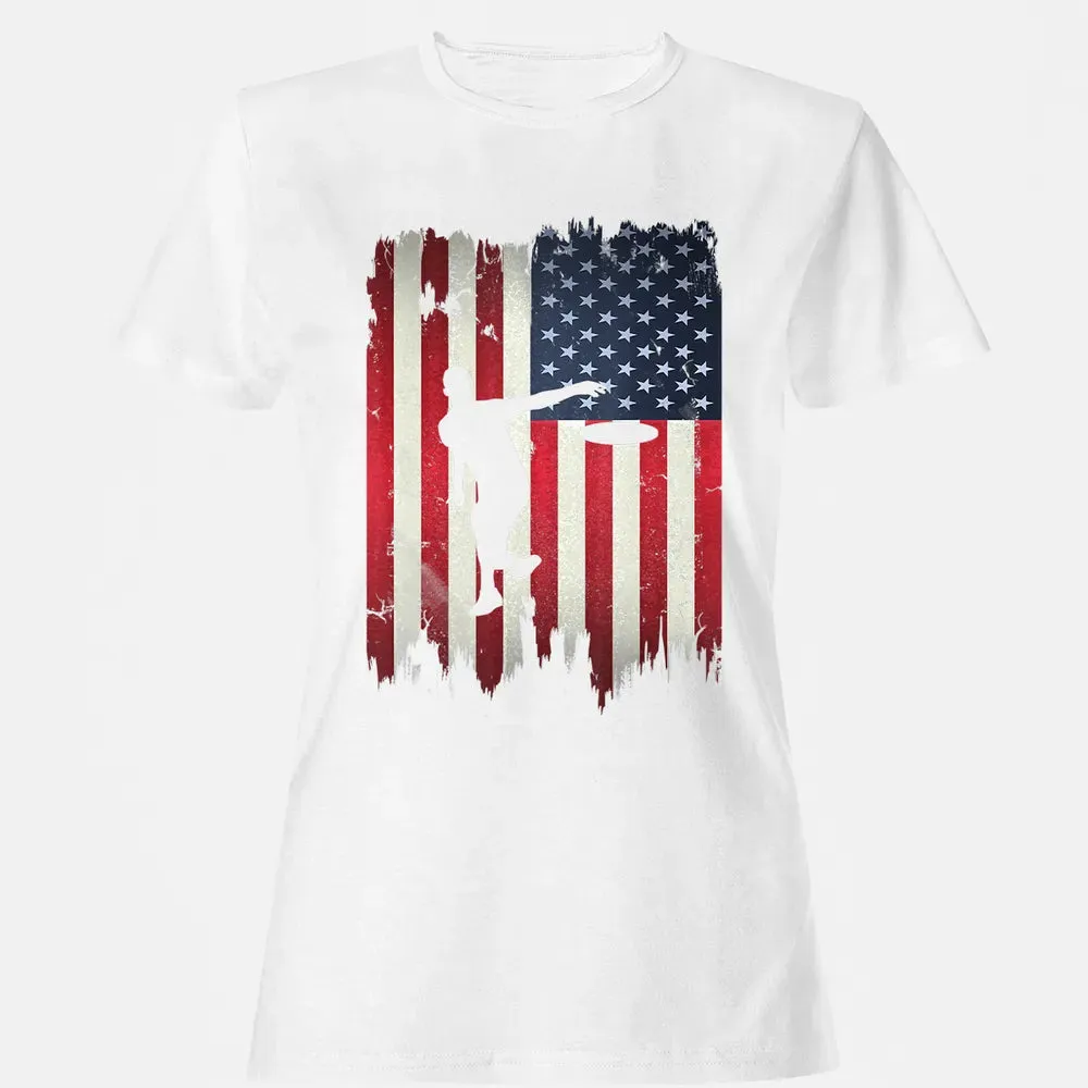 Ultimate Frisbee Disc Golf USA American Flag 4th of July Women's T-shirt - 16