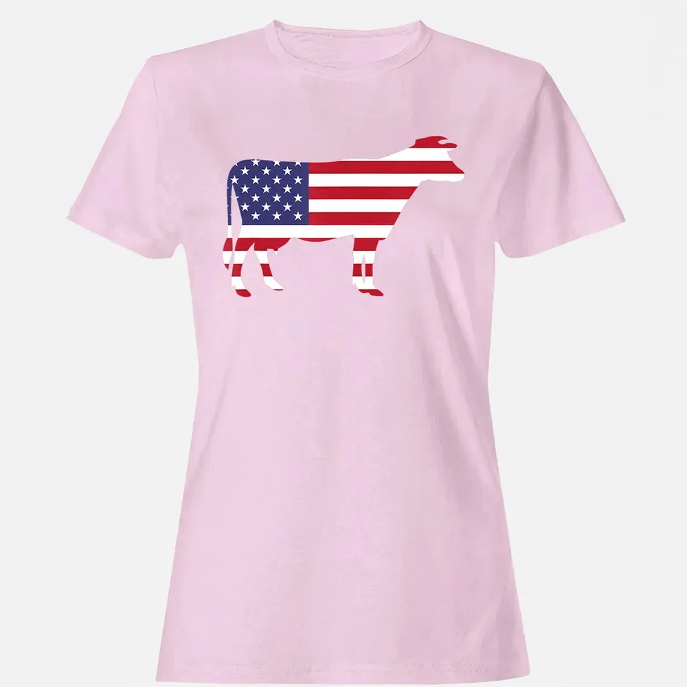 Cow American Flag  Funny 4th of July USA America Women's T-shirt - 9