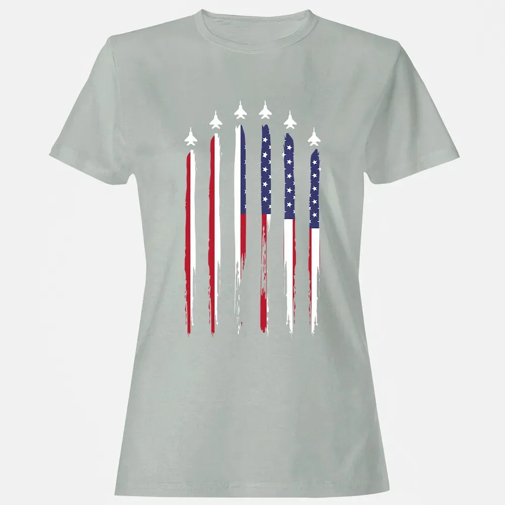 American Flag USA Airplane Jet Fighter 4th of July Patriotic Women's T-shirt - 2