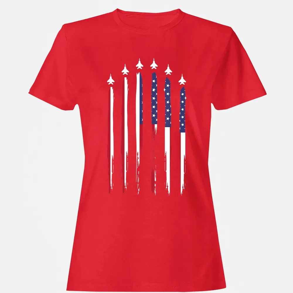 American Flag USA Airplane Jet Fighter 4th of July Patriotic Women's T-shirt - 13