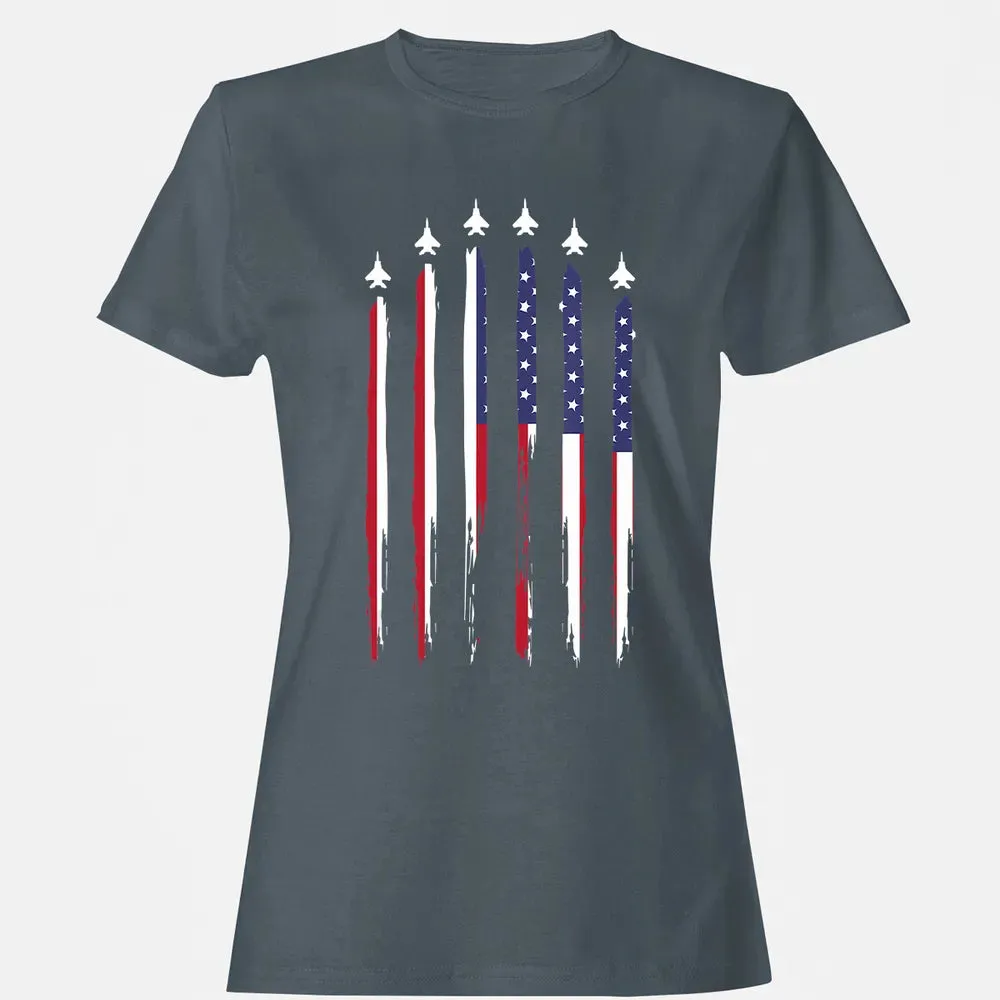 American Flag USA Airplane Jet Fighter 4th of July Patriotic Women's T-shirt - 3
