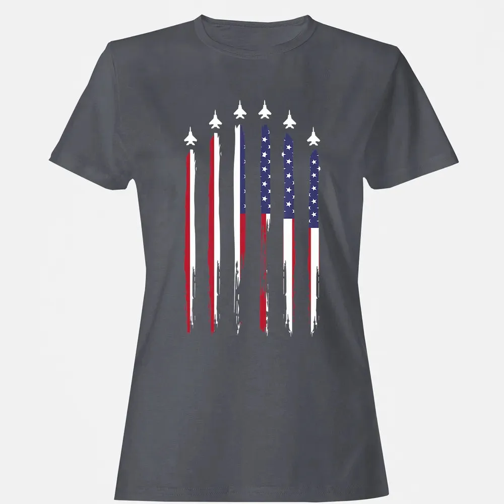 American Flag USA Airplane Jet Fighter 4th of July Patriotic Women's T-shirt - 5