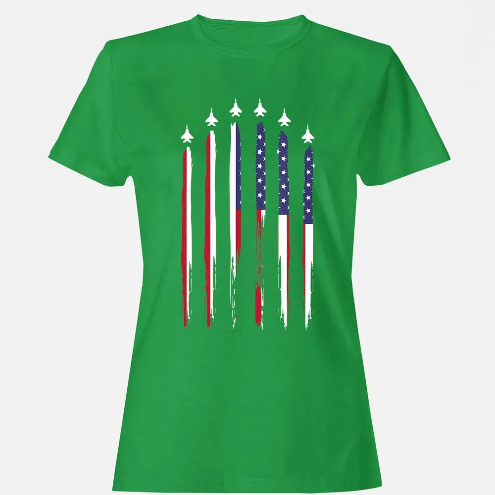 American Flag USA Airplane Jet Fighter 4th of July Patriotic Women's T-shirt - 7