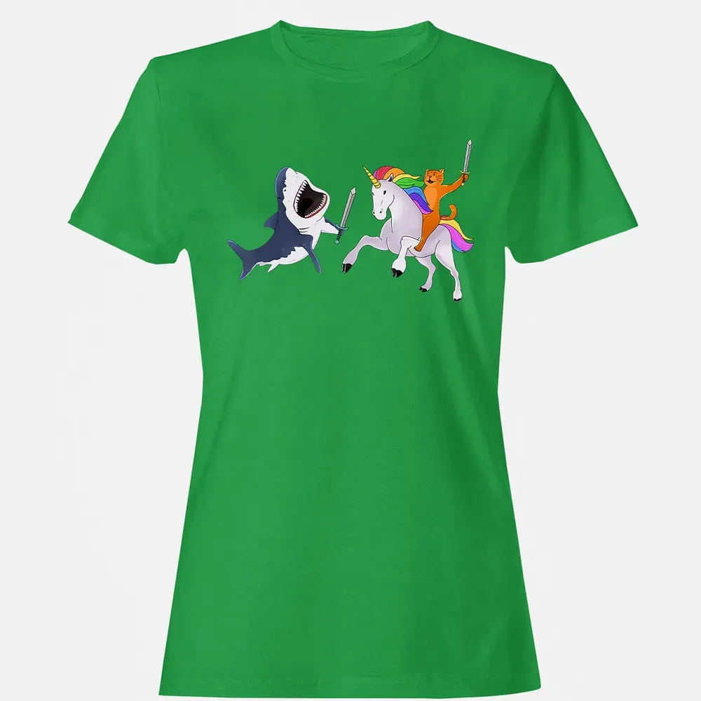 Funny Cat Riding Magical Unicorn Sword Fighting Shark Women's T-shirt - 7