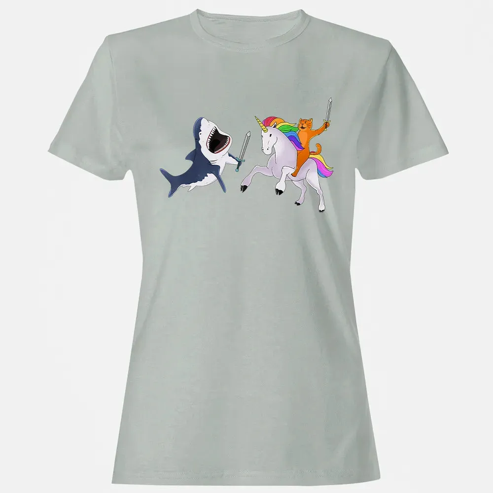 Funny Cat Riding Magical Unicorn Sword Fighting Shark Women's T-shirt - 2