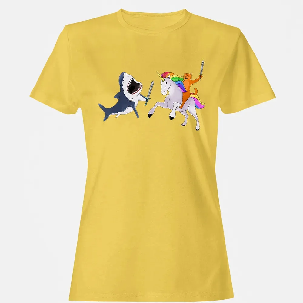 Funny Cat Riding Magical Unicorn Sword Fighting Shark Women's T-shirt - 4