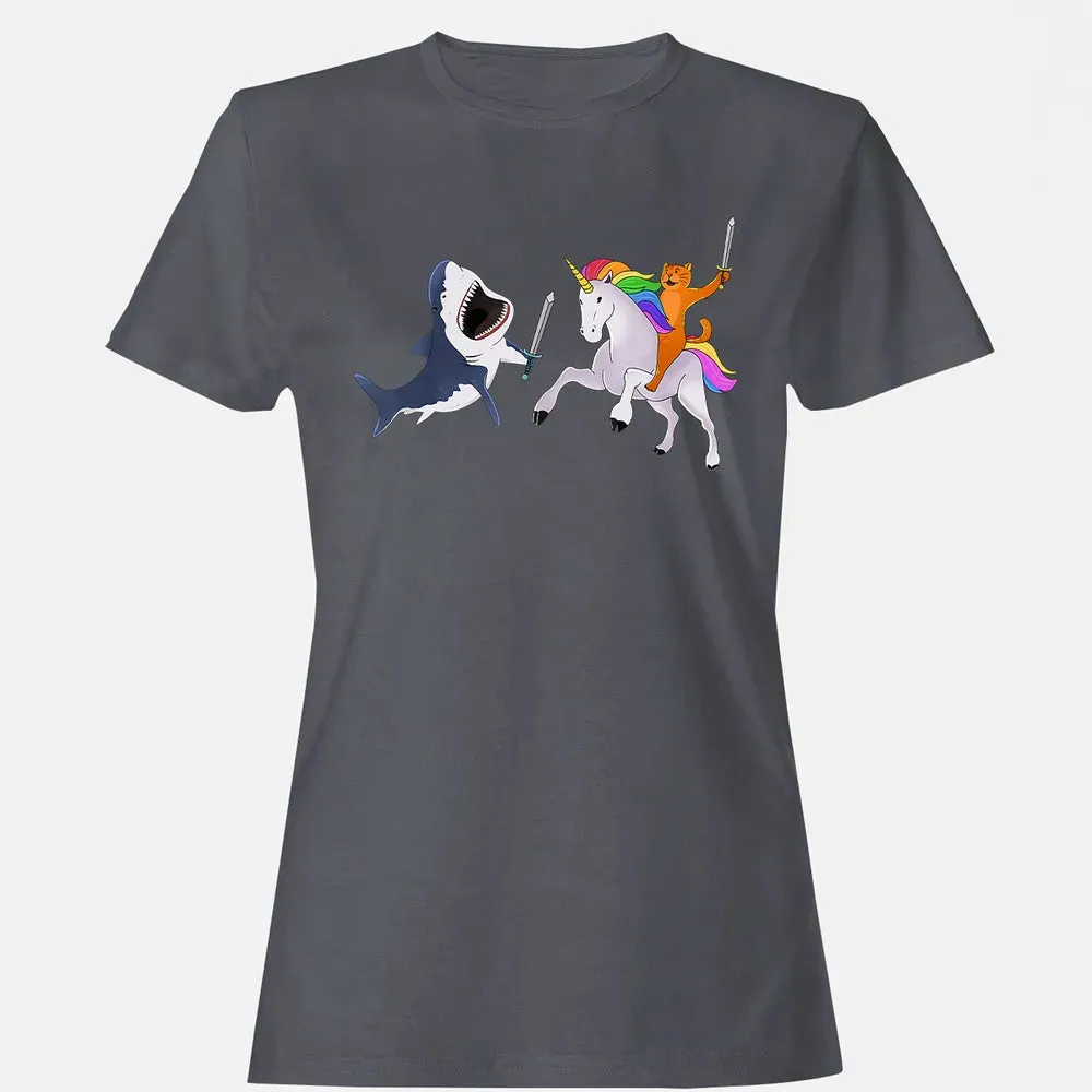 Funny Cat Riding Magical Unicorn Sword Fighting Shark Women's T-shirt - 5