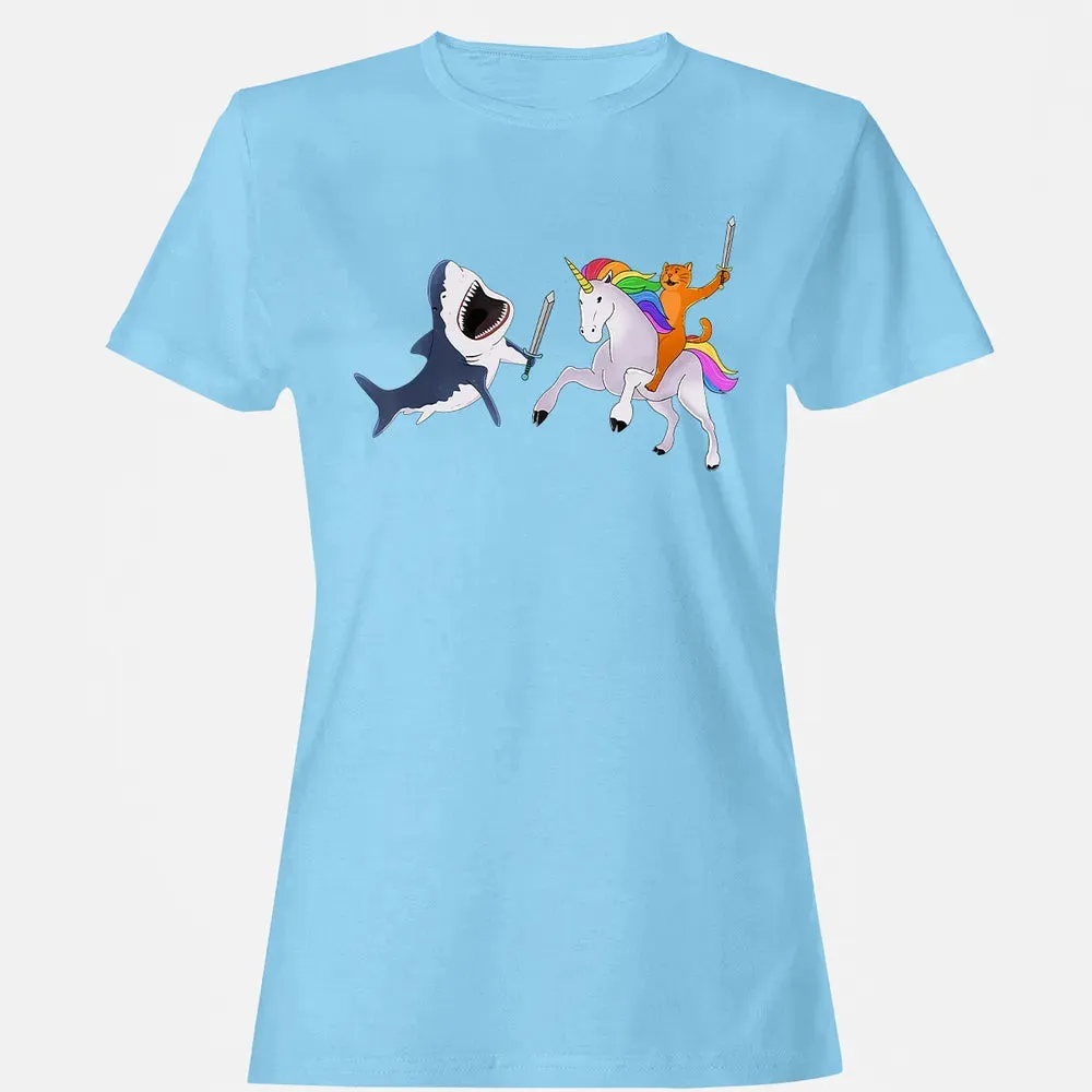 Funny Cat Riding Magical Unicorn Sword Fighting Shark Women's T-shirt - 8