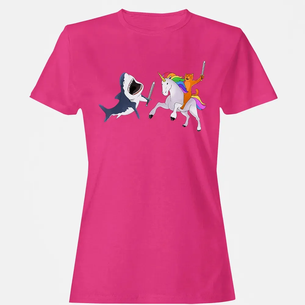 Funny Cat Riding Magical Unicorn Sword Fighting Shark Women's T-shirt - 6