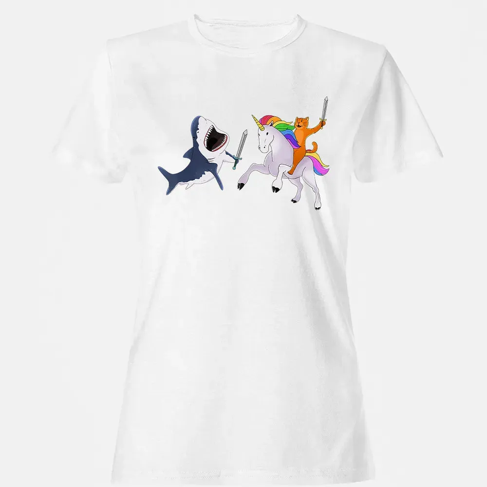 Funny Cat Riding Magical Unicorn Sword Fighting Shark Women's T-shirt - 16