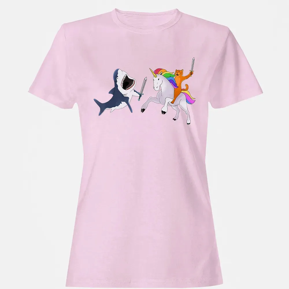Funny Cat Riding Magical Unicorn Sword Fighting Shark Women's T-shirt - 9