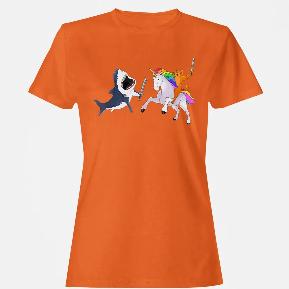 Funny Cat Riding Magical Unicorn Sword Fighting Shark Women's T-shirt - 11