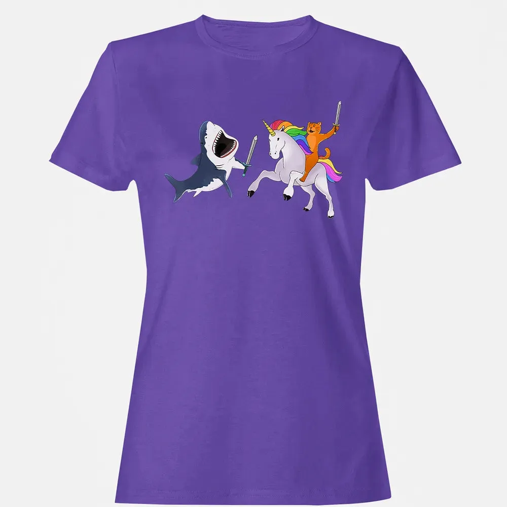 Funny Cat Riding Magical Unicorn Sword Fighting Shark Women's T-shirt - 12