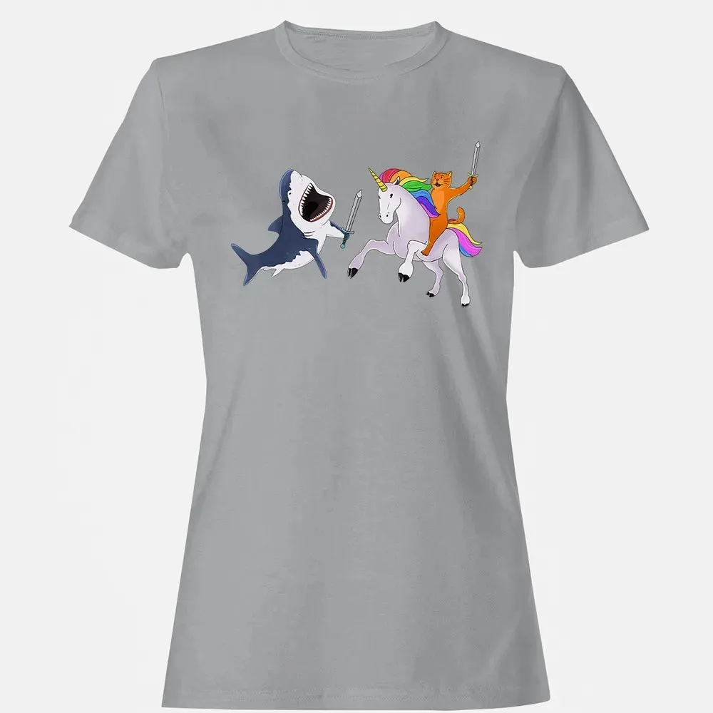 Funny Cat Riding Magical Unicorn Sword Fighting Shark Women's T-shirt - 15