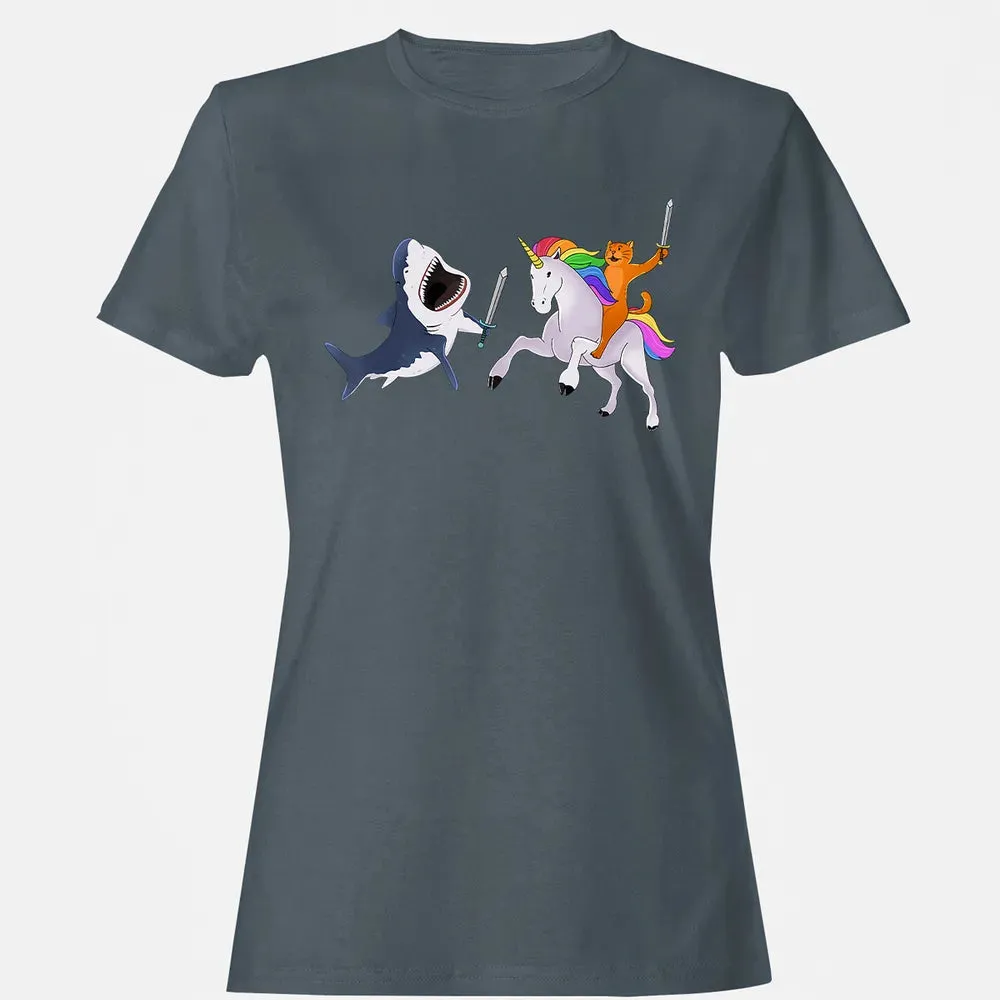 Funny Cat Riding Magical Unicorn Sword Fighting Shark Women's T-shirt - 3