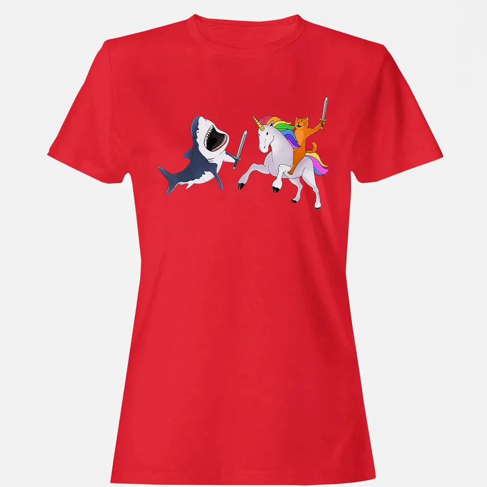 Funny Cat Riding Magical Unicorn Sword Fighting Shark Women's T-shirt - 13