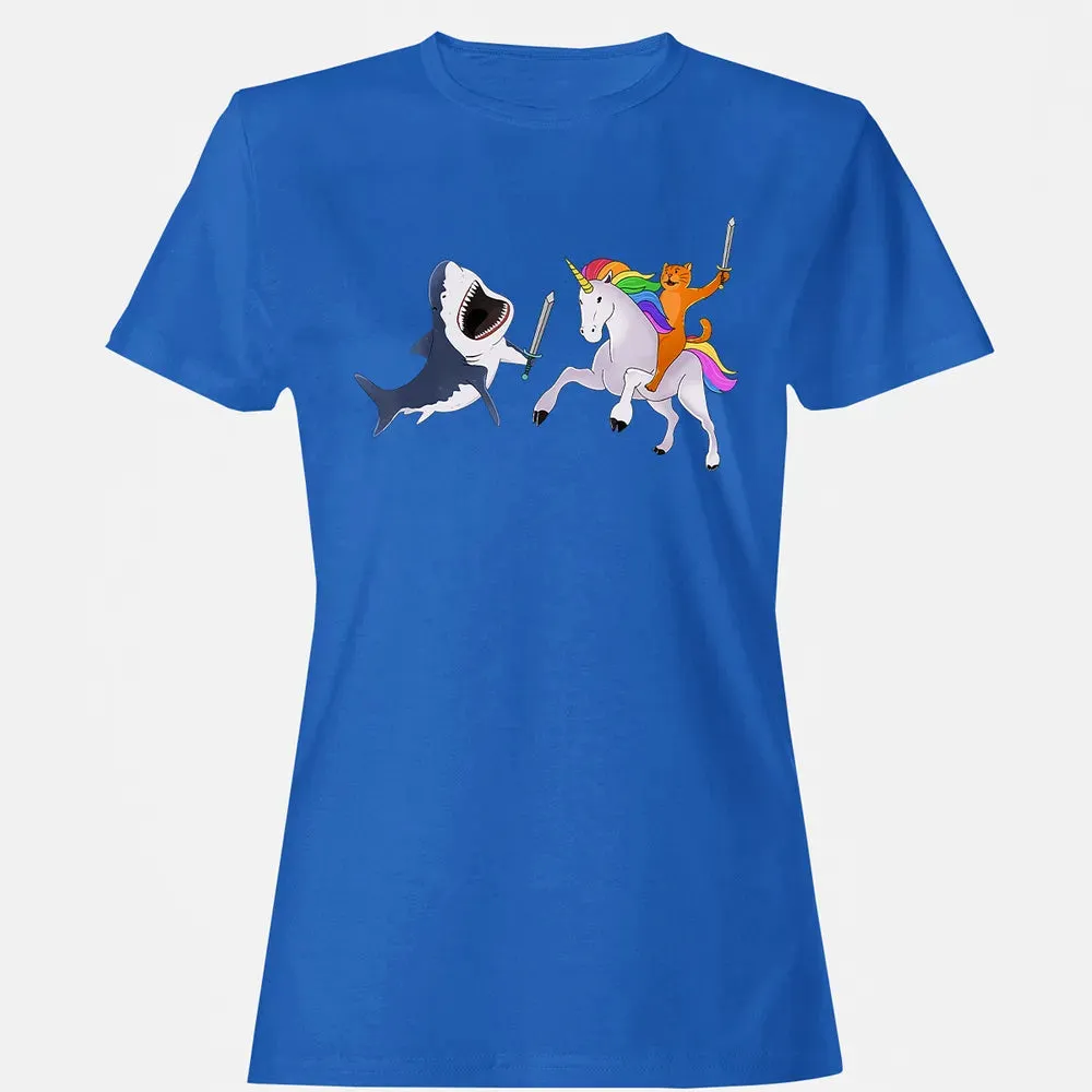 Funny Cat Riding Magical Unicorn Sword Fighting Shark Women's T-shirt - 14