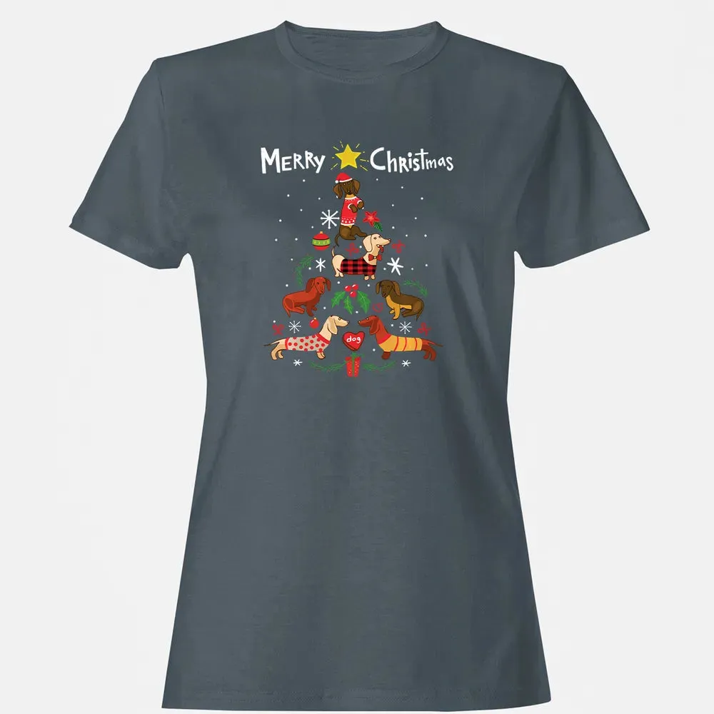 Funny Dachshund Christmas Tree Sweat Ornament Gift Women's T-shirt - 3