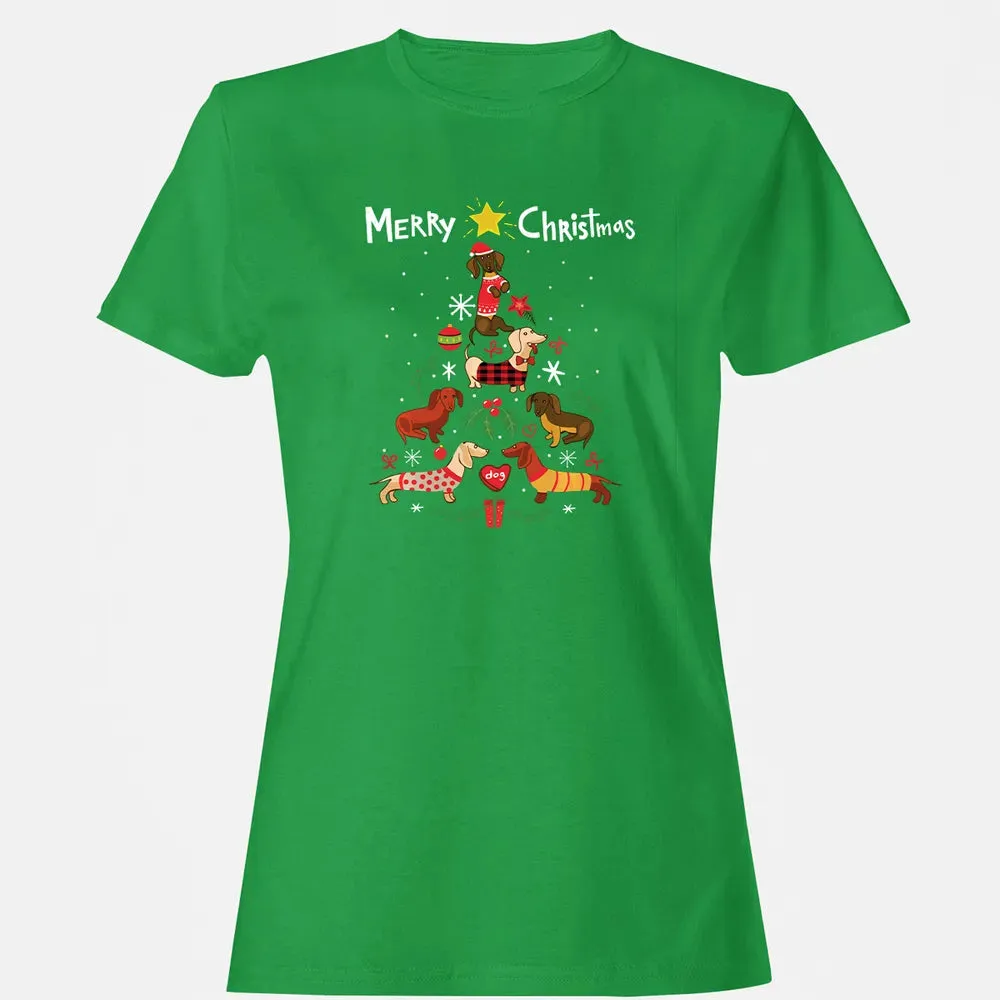Funny Dachshund Christmas Tree Sweat Ornament Gift Women's T-shirt - 7