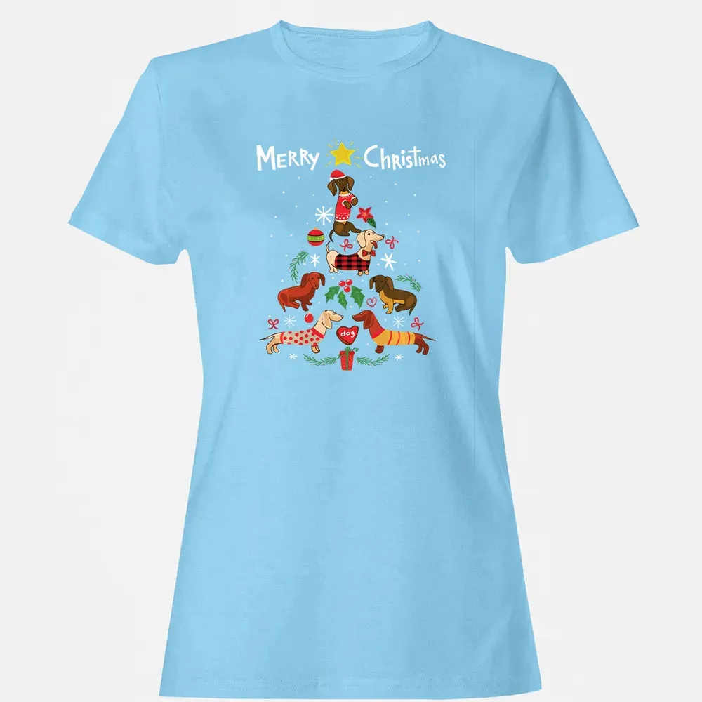 Funny Dachshund Christmas Tree Sweat Ornament Gift Women's T-shirt - 8