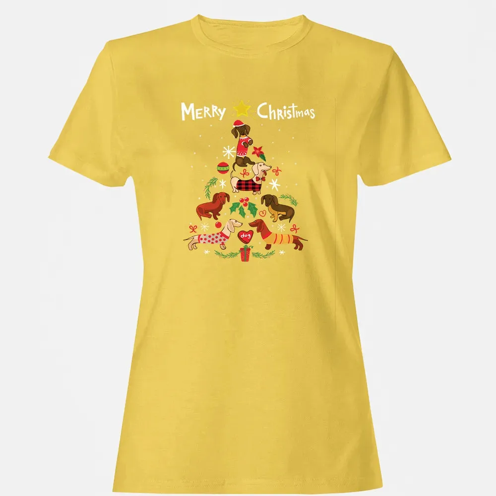 Funny Dachshund Christmas Tree Sweat Ornament Gift Women's T-shirt - 4