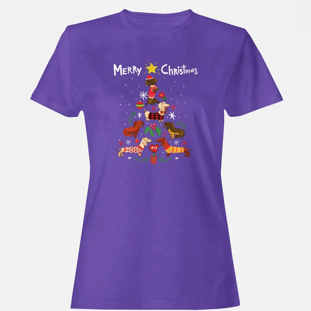 Funny Dachshund Christmas Tree Sweat Ornament Gift Women's T-shirt - 12