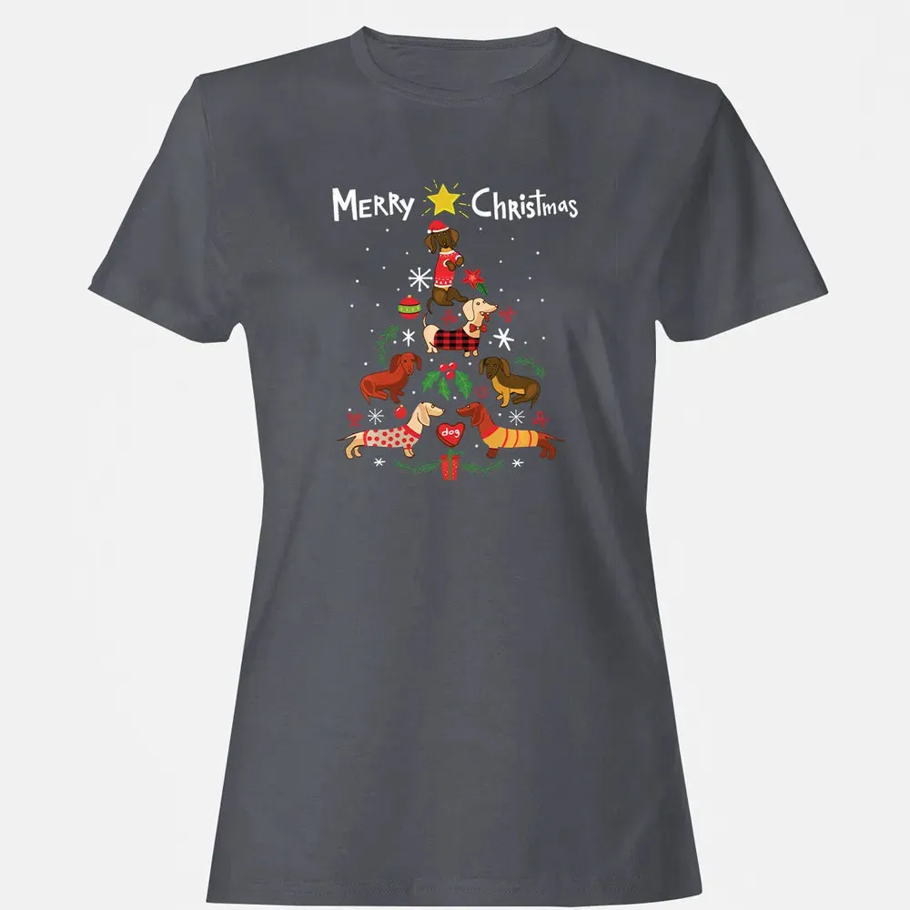 Funny Dachshund Christmas Tree Sweat Ornament Gift Women's T-shirt - 5