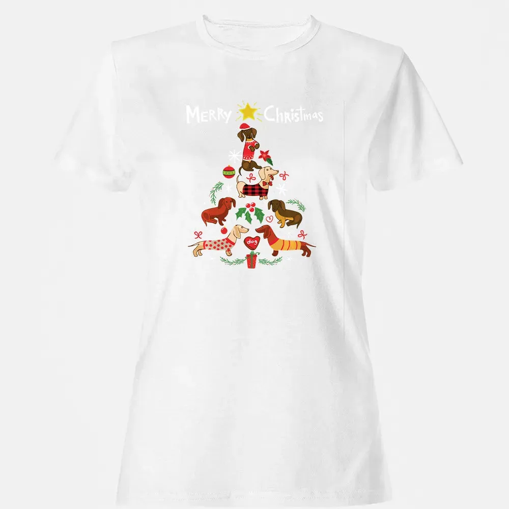 Funny Dachshund Christmas Tree Sweat Ornament Gift Women's T-shirt - 16