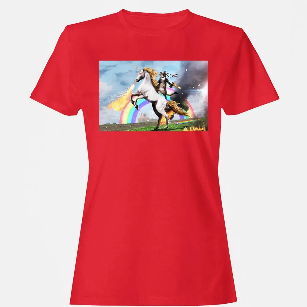 Cat Riding Fire Breathing Unicorn Meme Women's T-shirt - 13