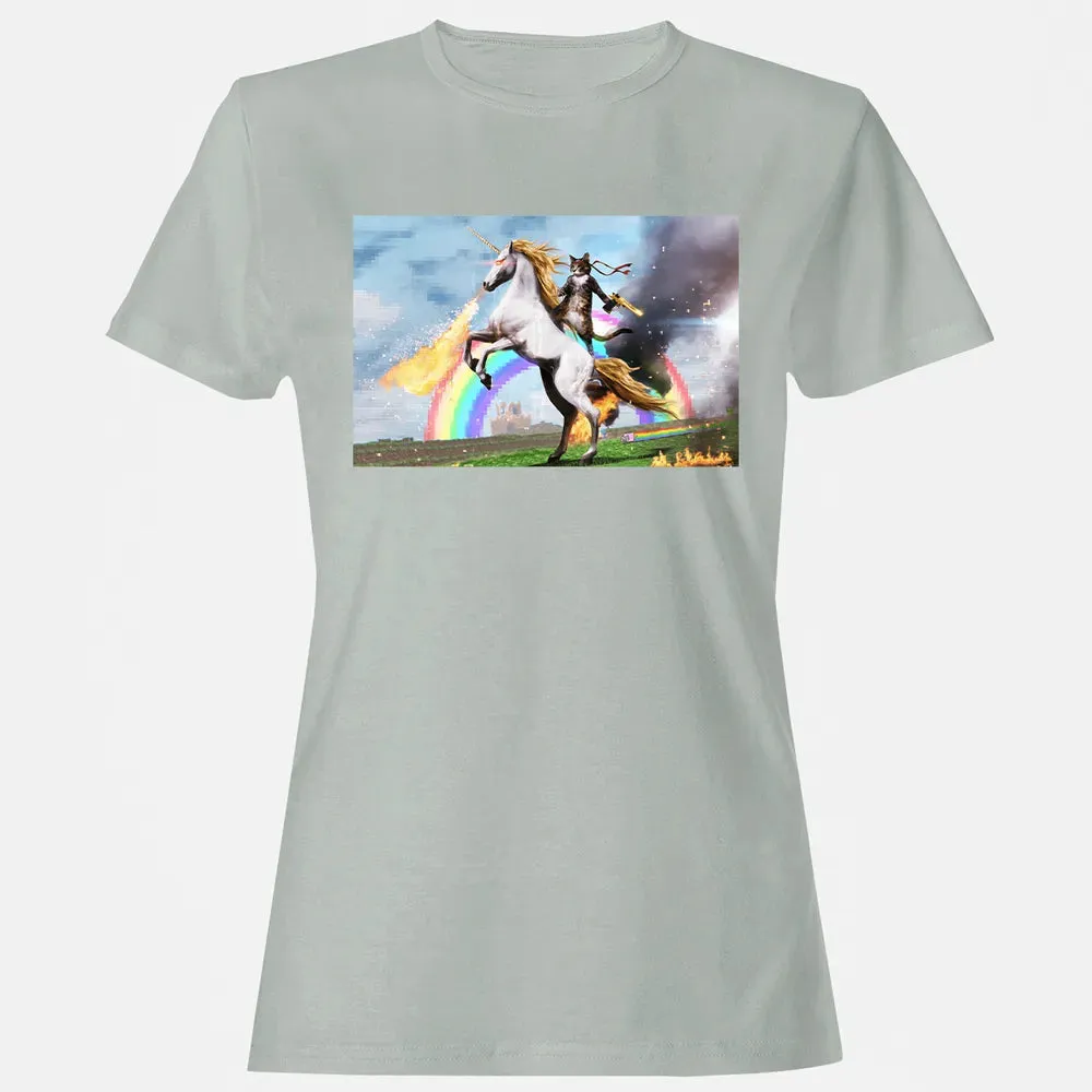 Cat Riding Fire Breathing Unicorn Meme Women's T-shirt - 2